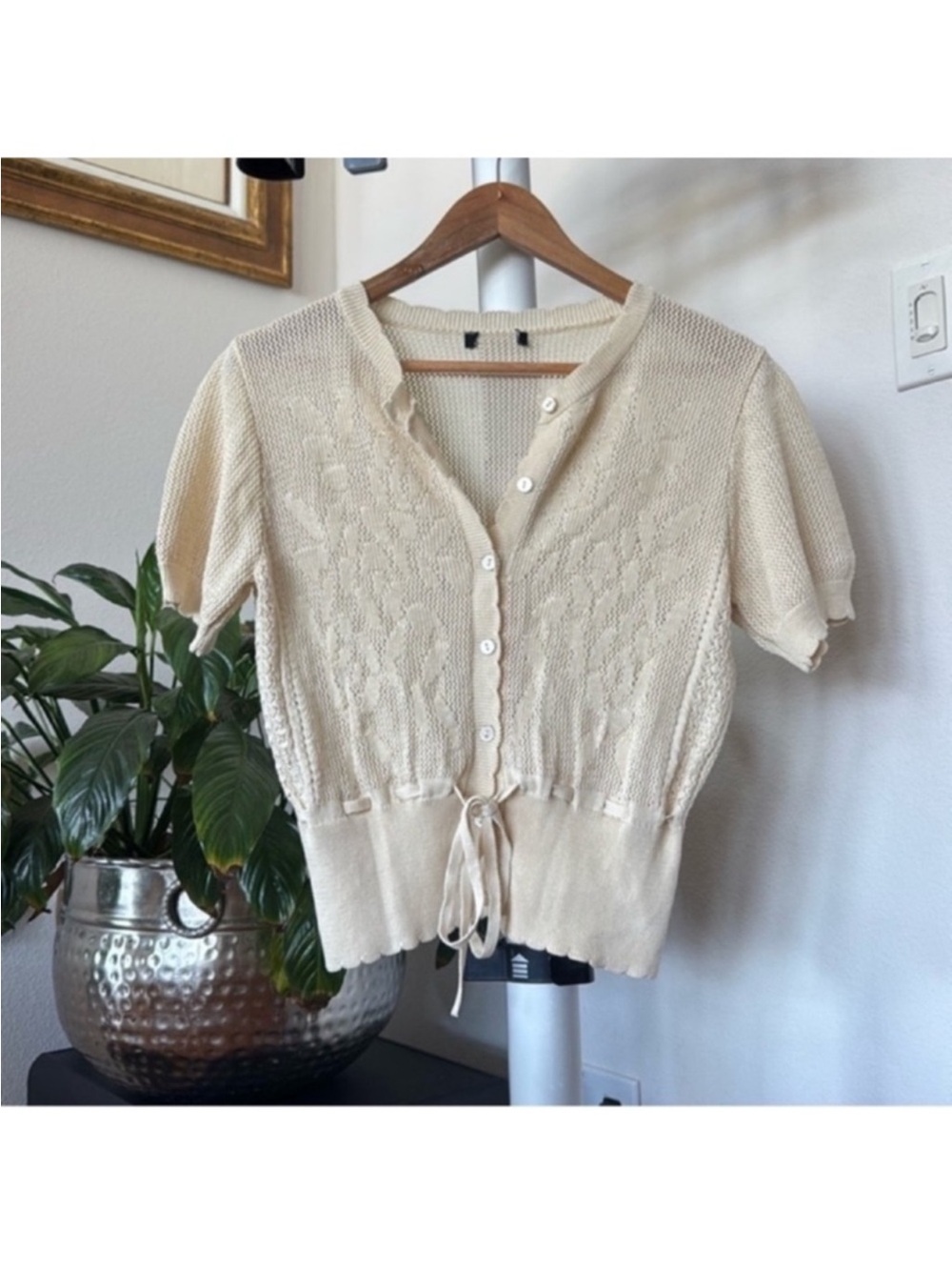 Zara ROMANTIC POINTELLE KNIT Crochet CARDIGAN TOP Sz S/M Ivory Short Sleeve